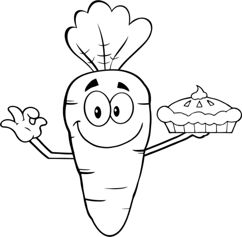 Smiling Cartoon Carrot Holding Up A Pie Coloring Page